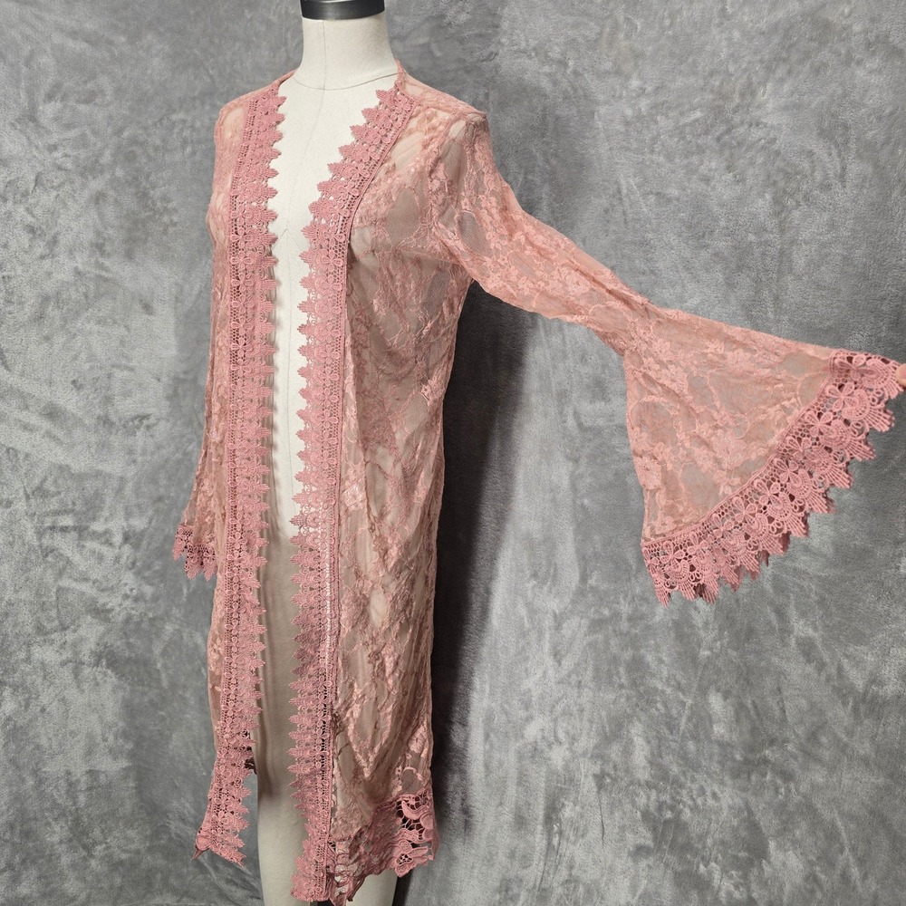 Polly Esther Kimono Duster Women Large Pink Lace Sheer Bell Sleeve Boho Cardigan